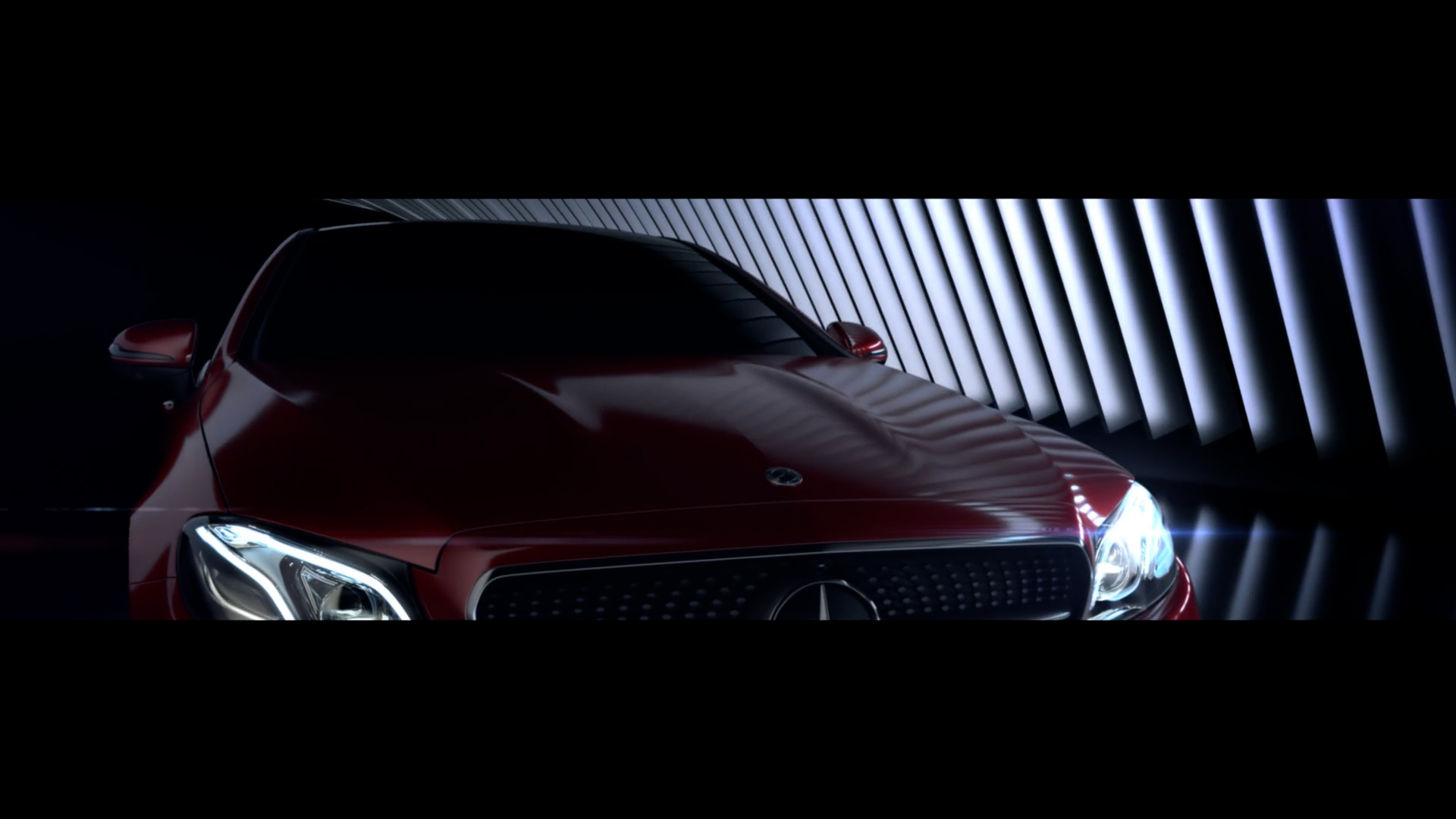 Close-up view of Mercedes-Benz car details at the 2017 Detroit auto show with CGI-enhanced lighting effects.