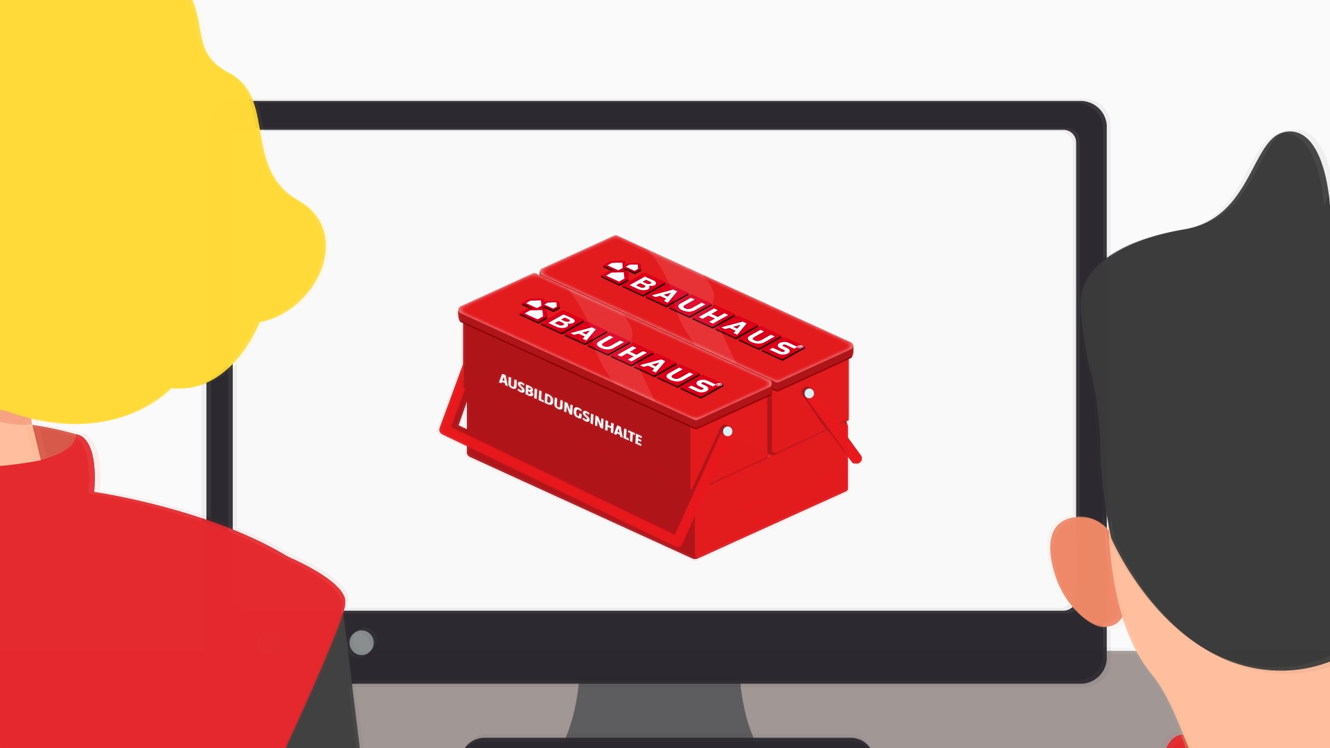 Felix und Steffi betrachten ein Tablet, auf dem ein Animationsfilm zur Lagerlogistik läuft