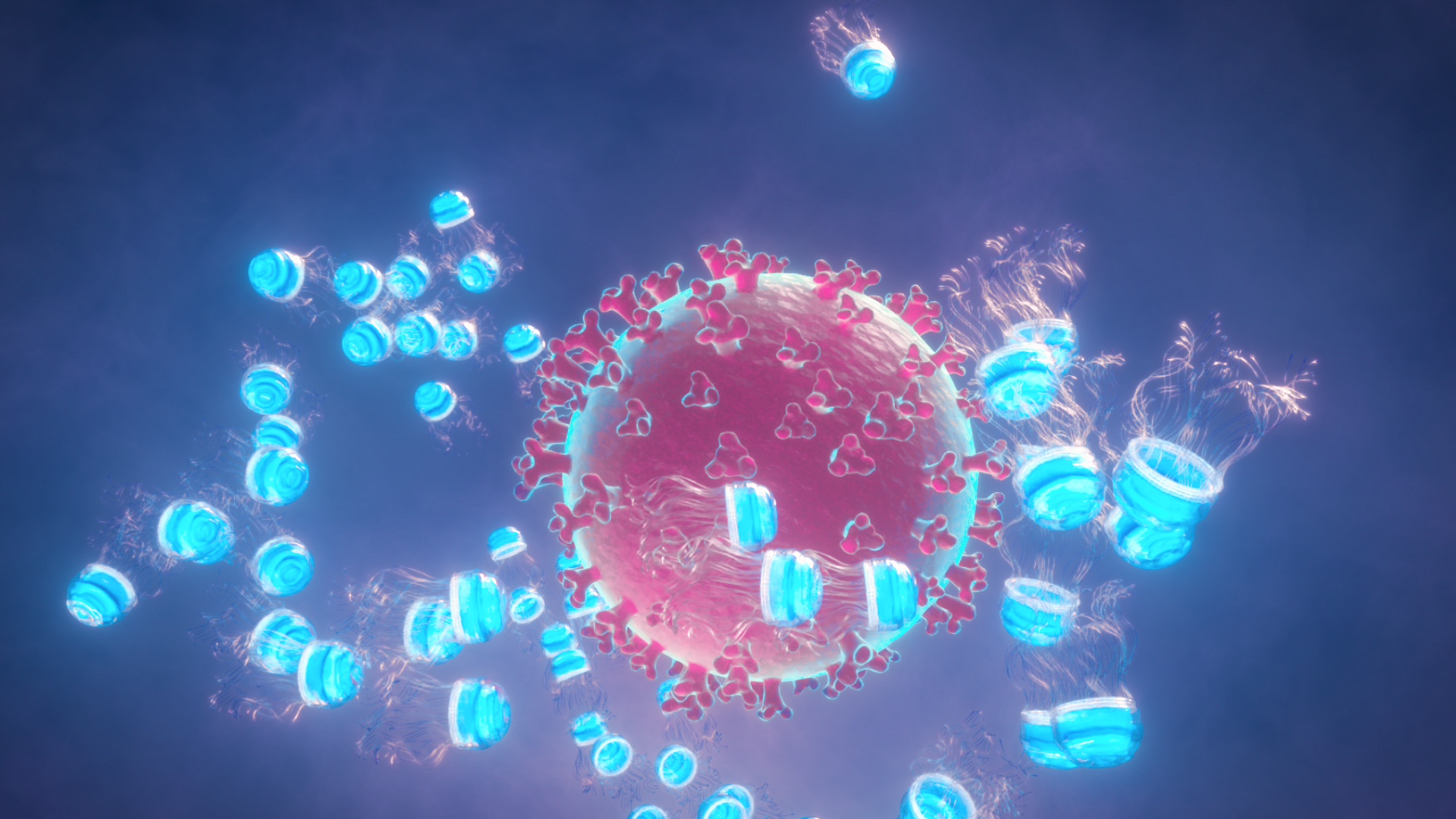 Der Quallenschwarm umschließt das riesige Corona-Virus, als es versucht, die Pandemie zu stoppen